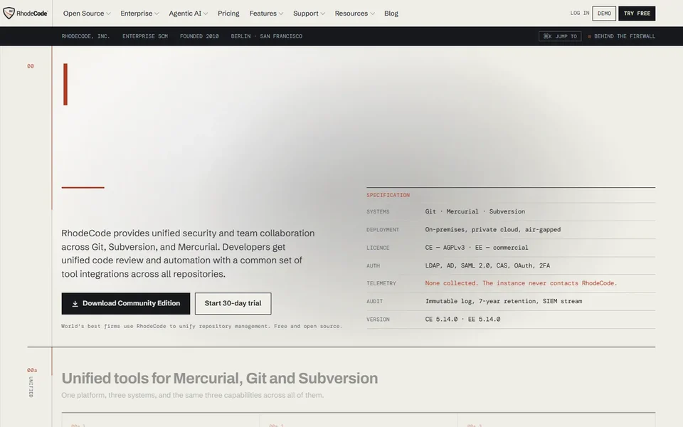 Rhodecode Homepage With The Specification Panel