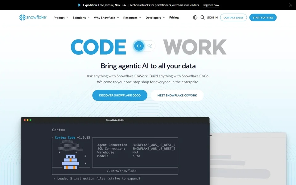Snowflake Homepage With Coco And Cowork Hero