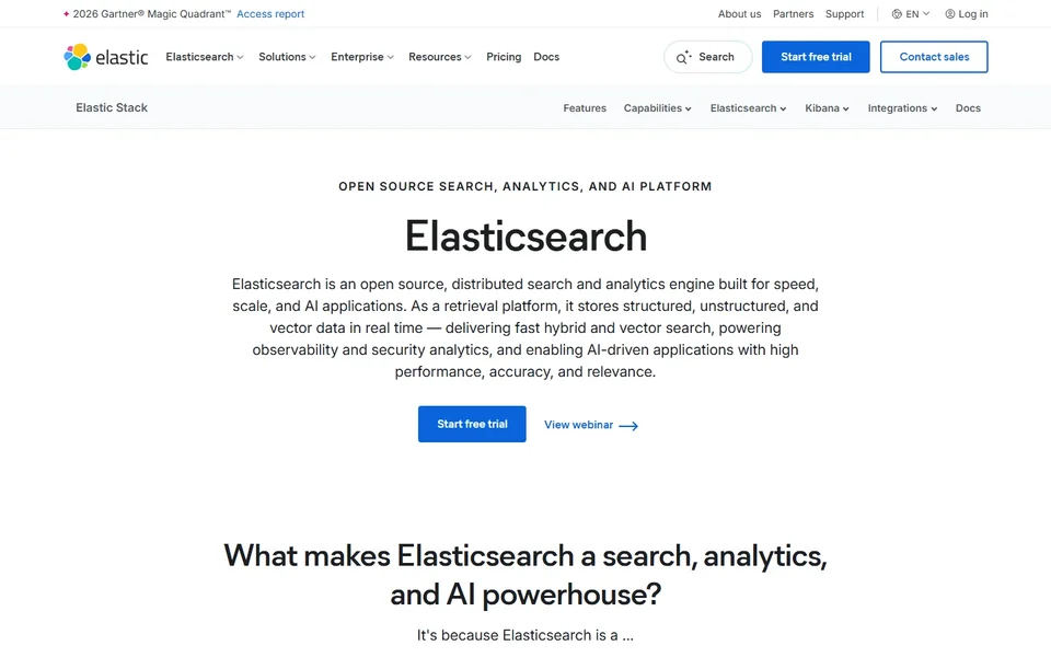 Elasticsearch Homepage With Its Headline