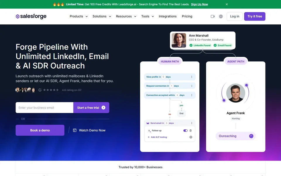 Salesforge Homepage With Human And Agent Paths