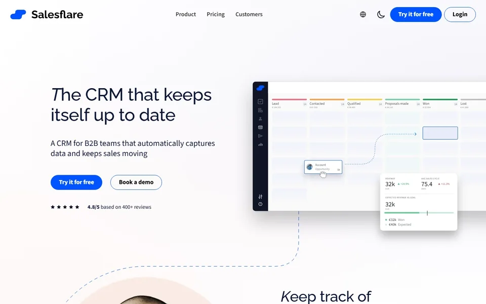 Salesflare Homepage With Pipeline Preview