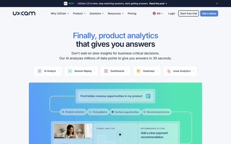 Uxcam Homepage With Ai Analyst And Session Replay