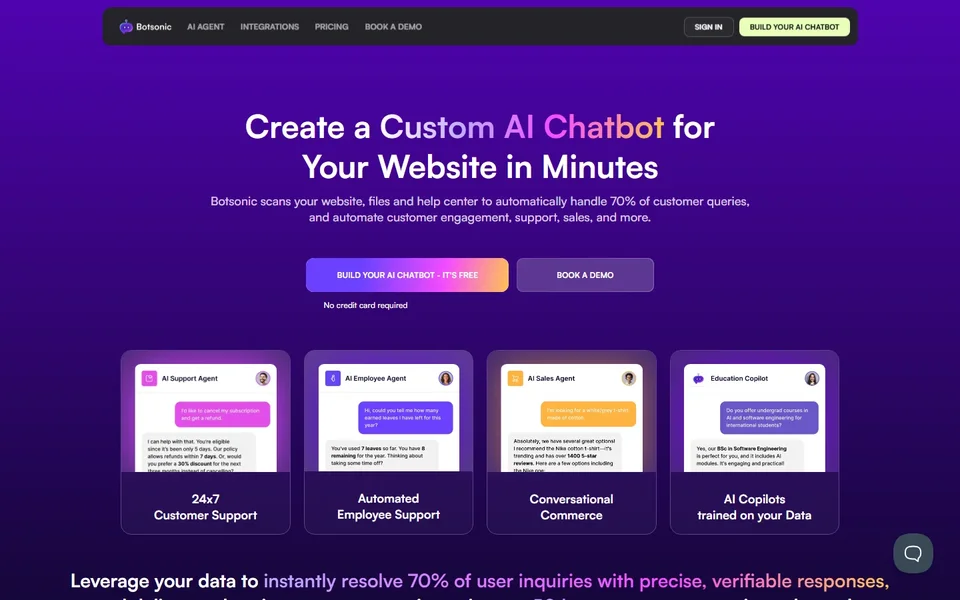 Botsonic Homepage With Chatbot Use Cases