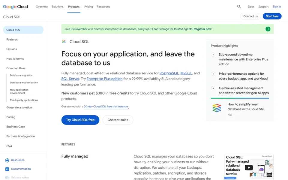 Cloud Sql Homepage With Free Trial Button