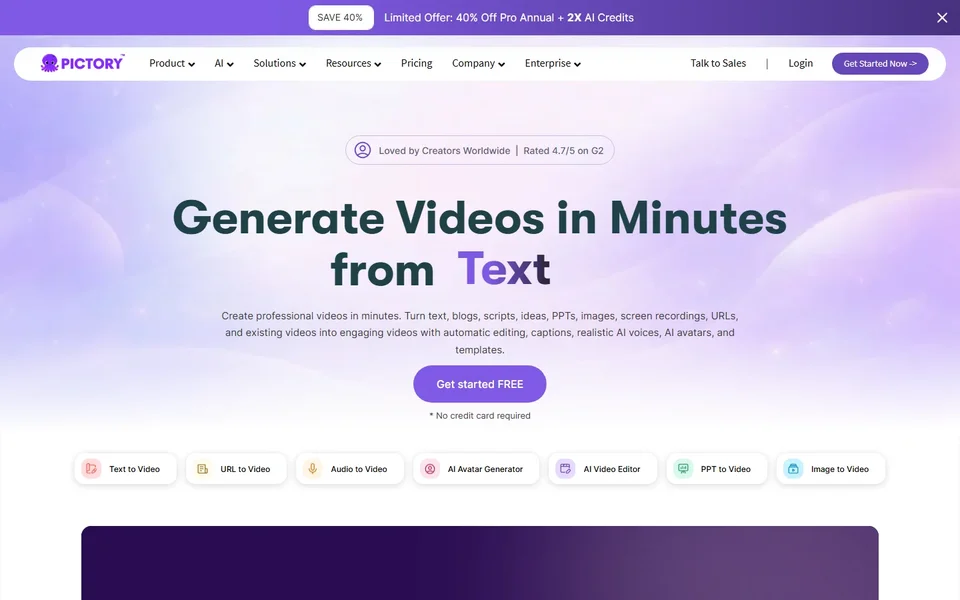 Pictory Homepage With The Text To Video Headline