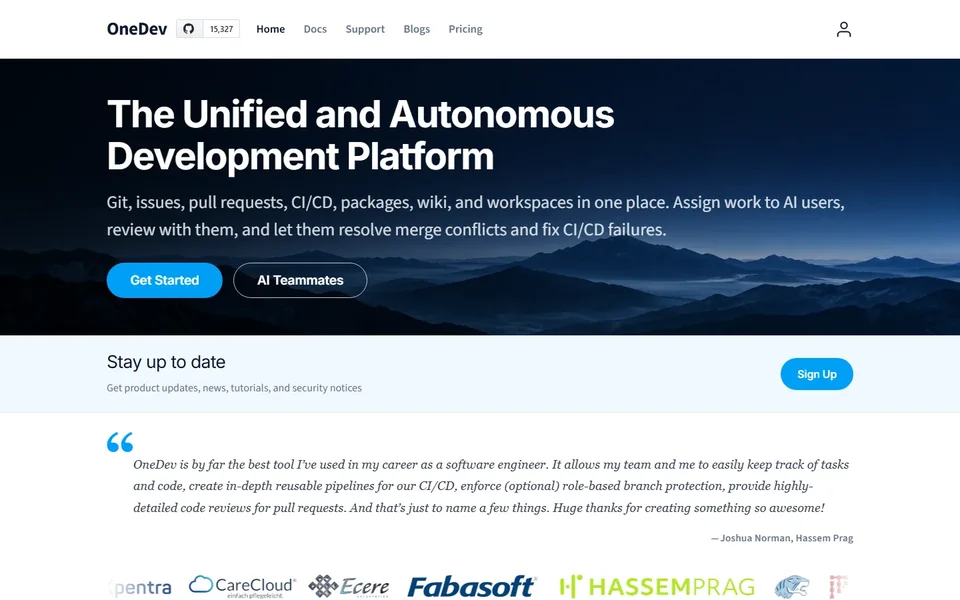 Onedev Homepage With Platform Headline