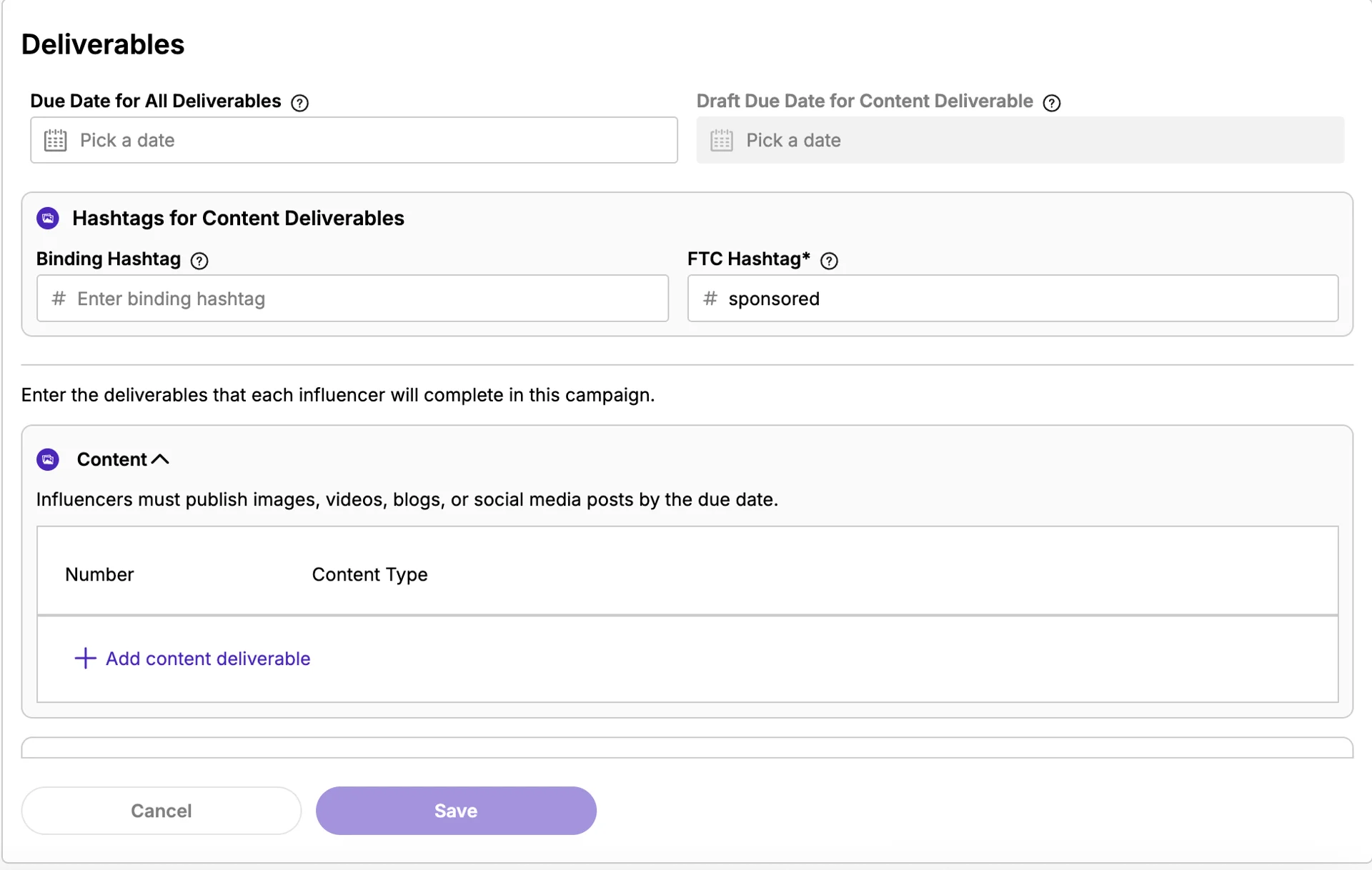 Campaign Deliverables Setup