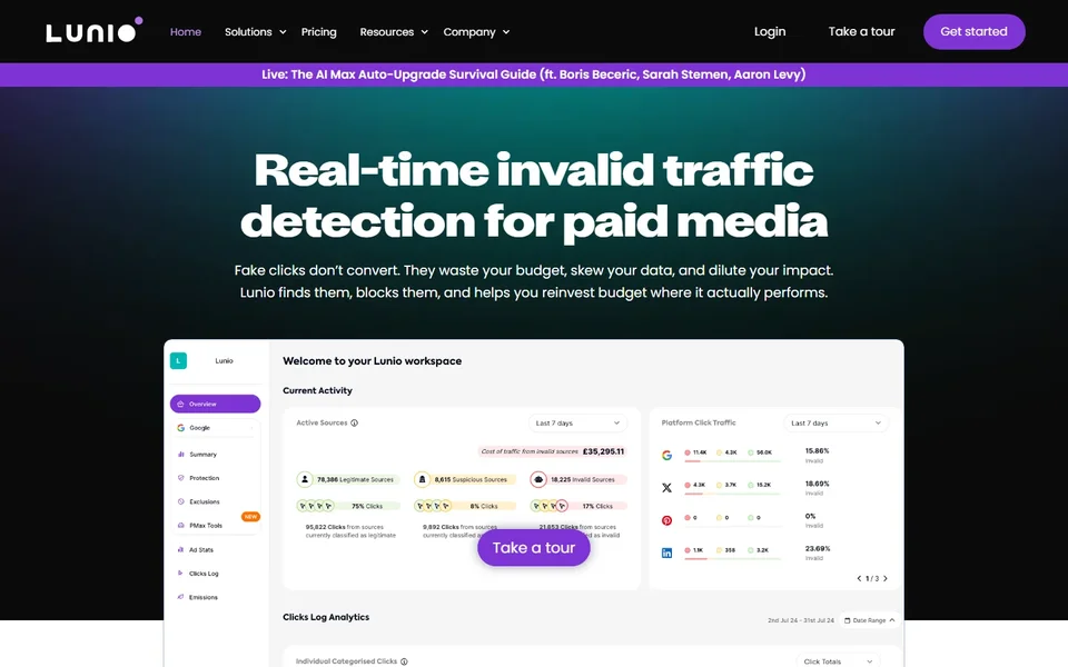 Lunio Homepage With The Workspace Dashboard