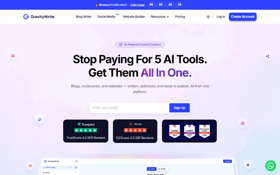 Gravitywrite Homepage With Account Signup