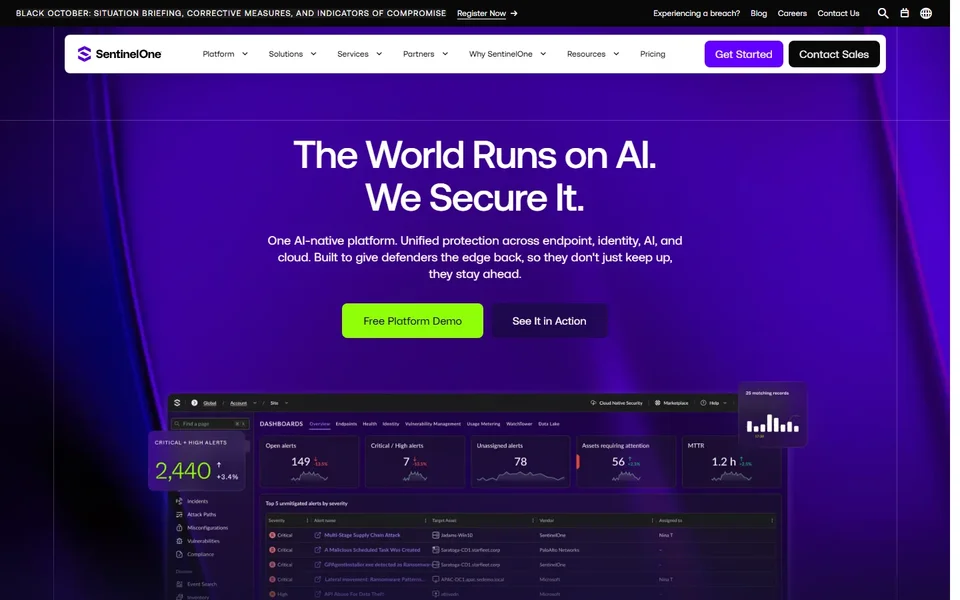 Sentinelone Homepage With The Platform Dashboard