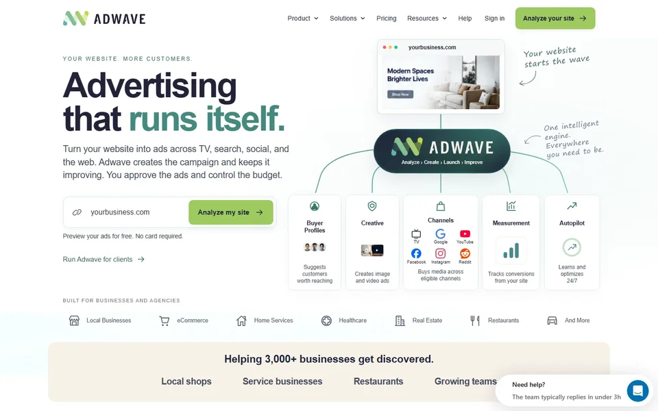 Adwave Homepage With The Analyze Your Site Box