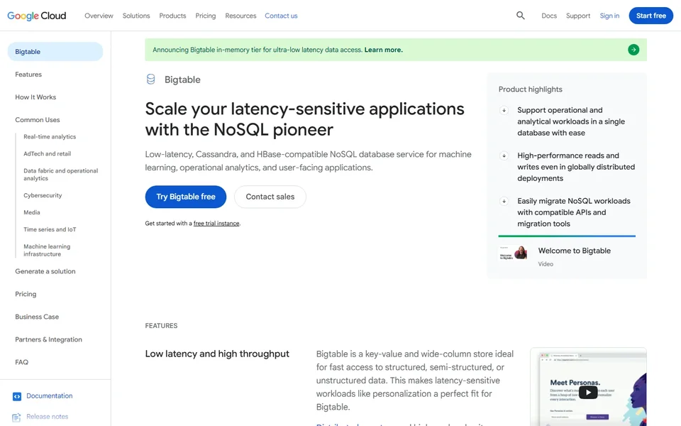 Bigtable Product Page On Google Cloud