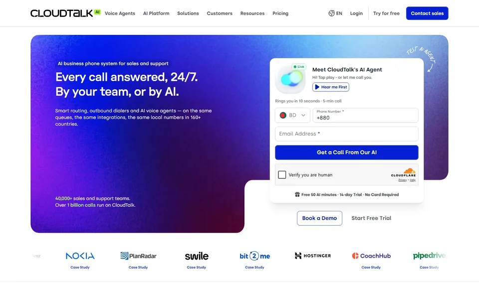 Cloudtalk Homepage With The Ai Agent Call Widget